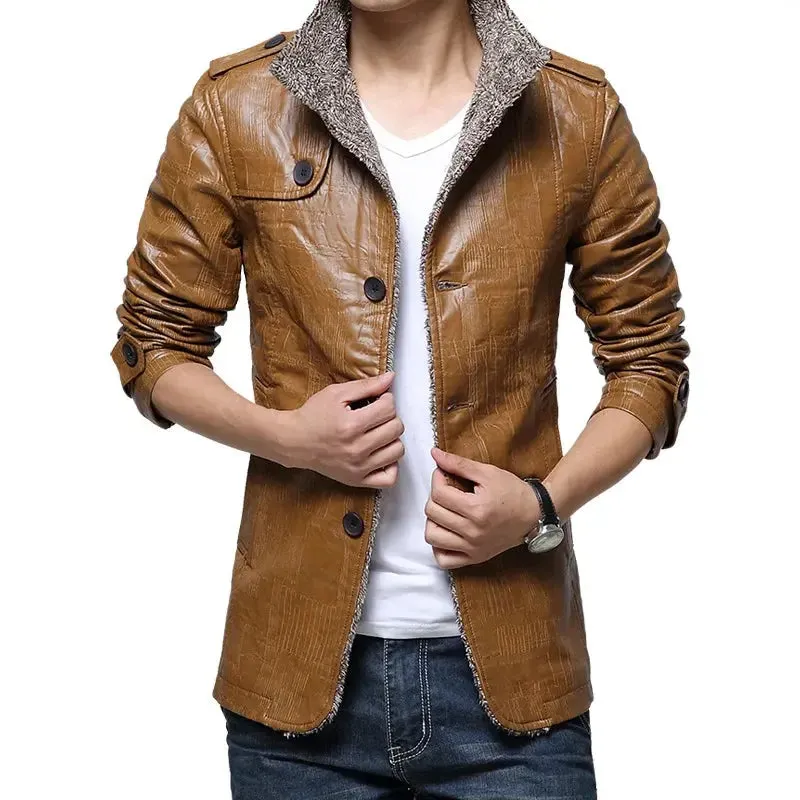 2024 Winter Warm Faux Leather Jacket Men Solid Long Sleeve PU Leather Coat Stand Collar Thick Slim Fit Men Jacket Trench Coats