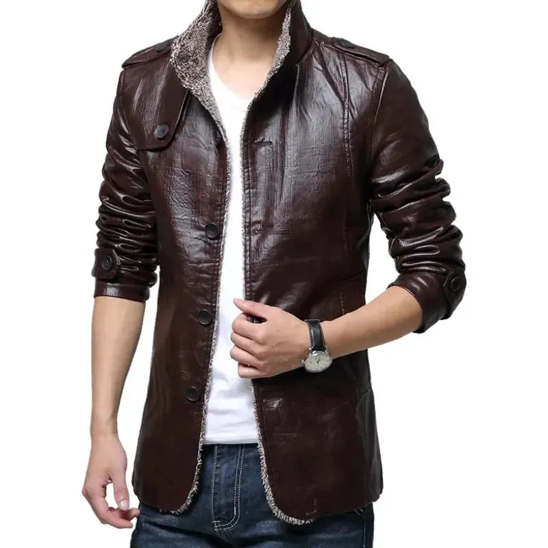 2024 Winter Warm Faux Leather Jacket Men Solid Long Sleeve PU Leather Coat Stand Collar Thick Slim Fit Men Jacket Trench Coats