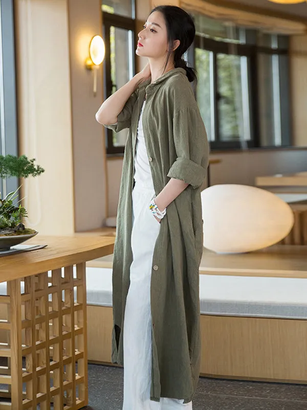 Artistic Retro Loose Simple Casual Solid Color Ramie Trench Coat