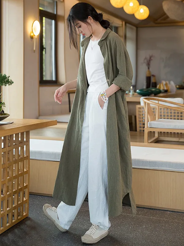 Artistic Retro Loose Simple Casual Solid Color Ramie Trench Coat