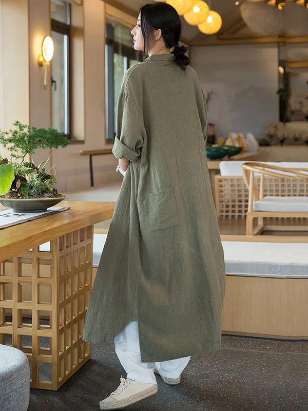 Artistic Retro Loose Simple Casual Solid Color Ramie Trench Coat