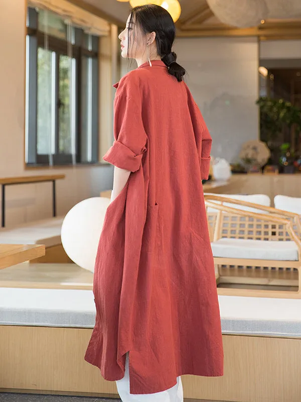 Artistic Retro Loose Simple Casual Solid Color Ramie Trench Coat