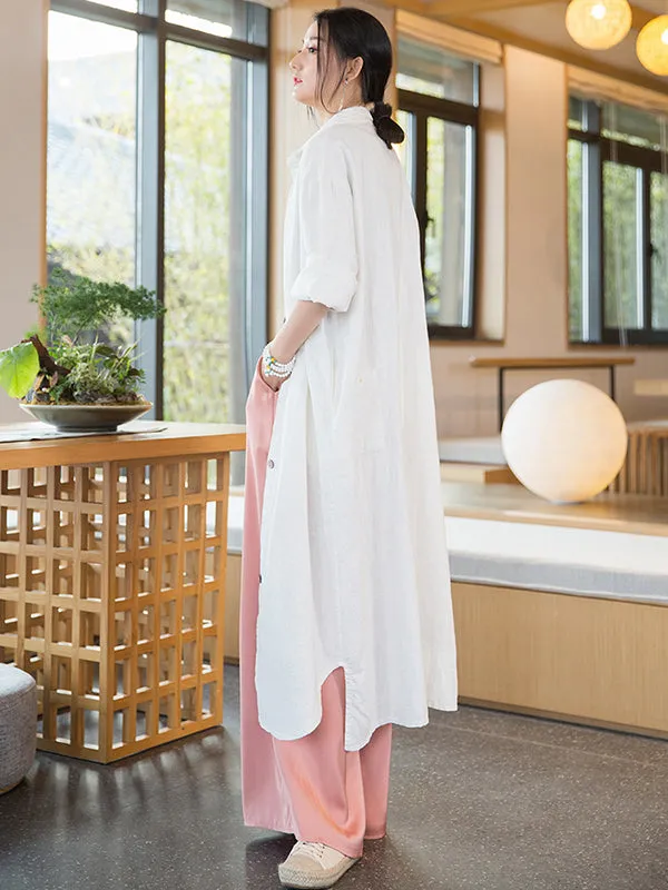 Artistic Retro Loose Simple Casual Solid Color Ramie Trench Coat