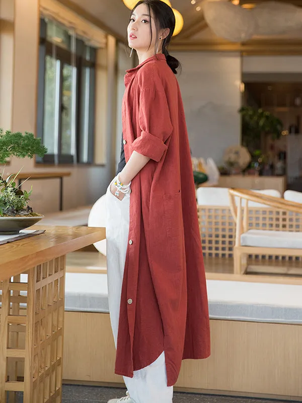 Artistic Retro Loose Simple Casual Solid Color Ramie Trench Coat