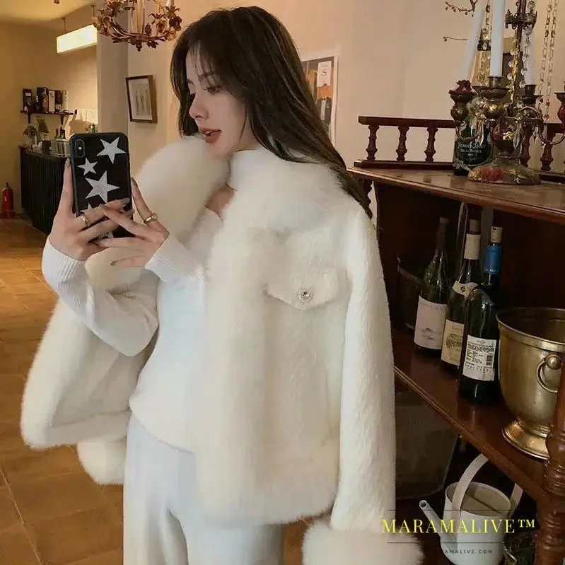 Autumn Winter Formal Tweed Thick Jackets Women'S Elegant Loose Fur Collar Splicing Fur Coat Imitation Fox Fur