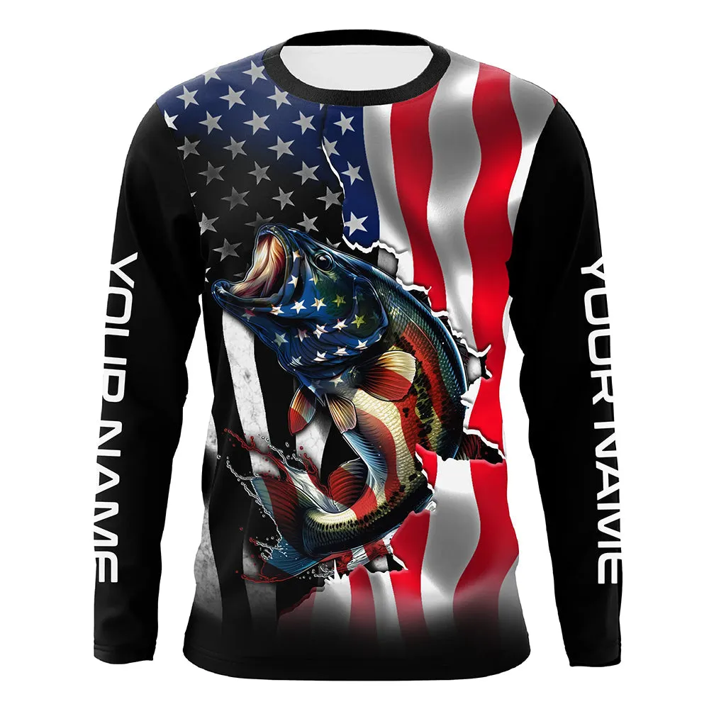 Bass Fishing American Flag Custom Long sleeve Performance Fishing Shirts, Patriotic Fishing Jerseys