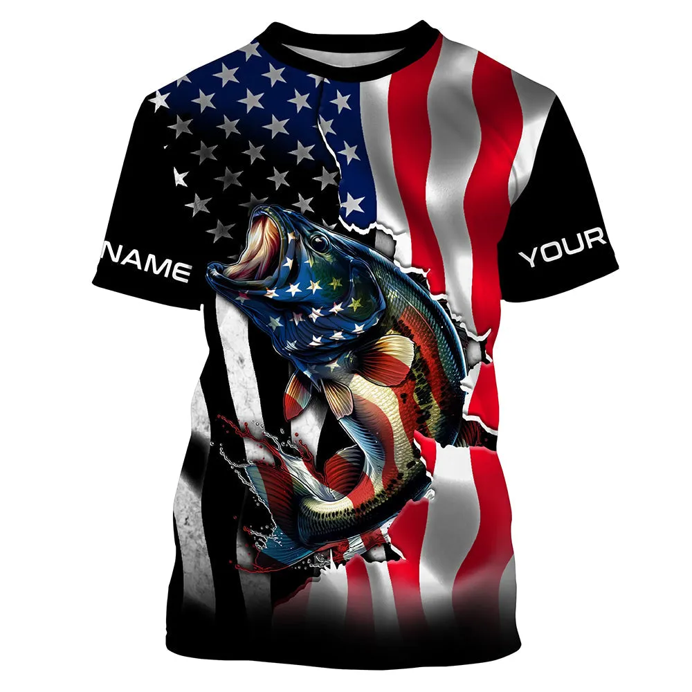 Bass Fishing American Flag Custom Long sleeve Performance Fishing Shirts, Patriotic Fishing Jerseys