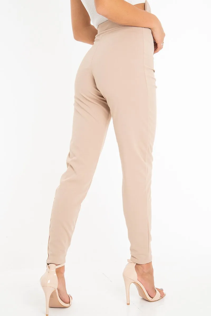 Beige Tie Front Crepe Cigarette Trousers - Ryanne