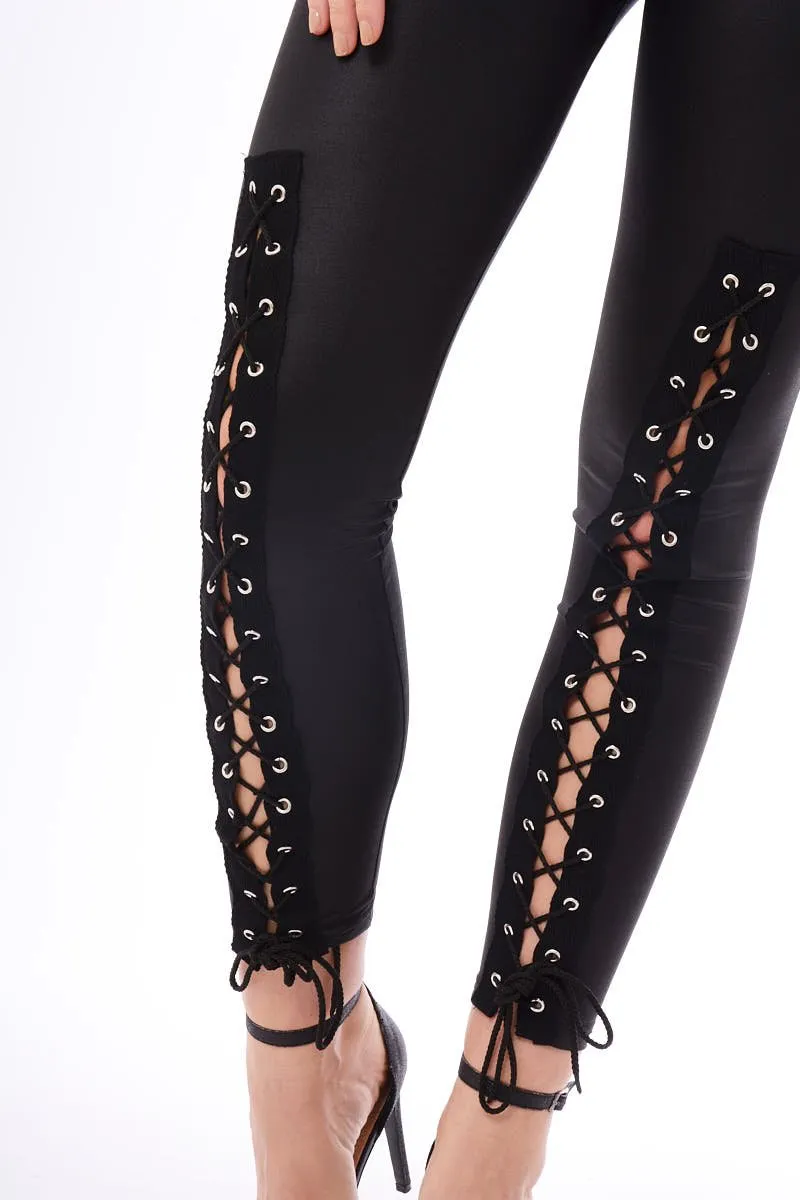 Black Lace Up PU Leggings -  Shania