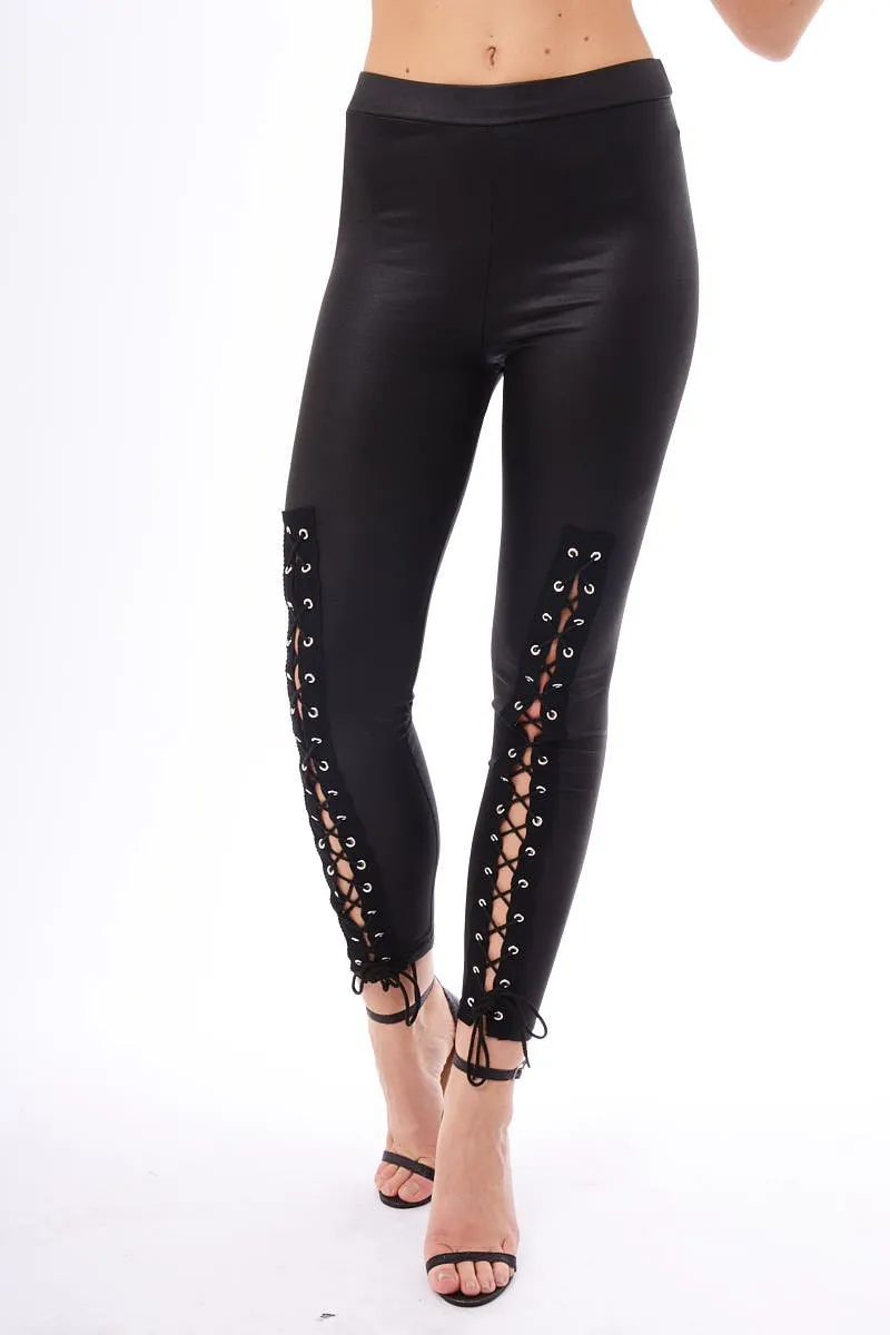 Black Lace Up PU Leggings -  Shania