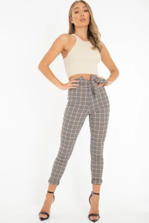 Brown Checked High Waist Tapered Tie Belt Trousers - Airis