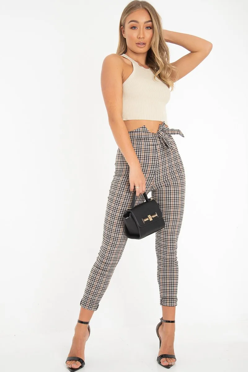 Brown Checked High Waist Tapered Tie Belt Trousers - Airis