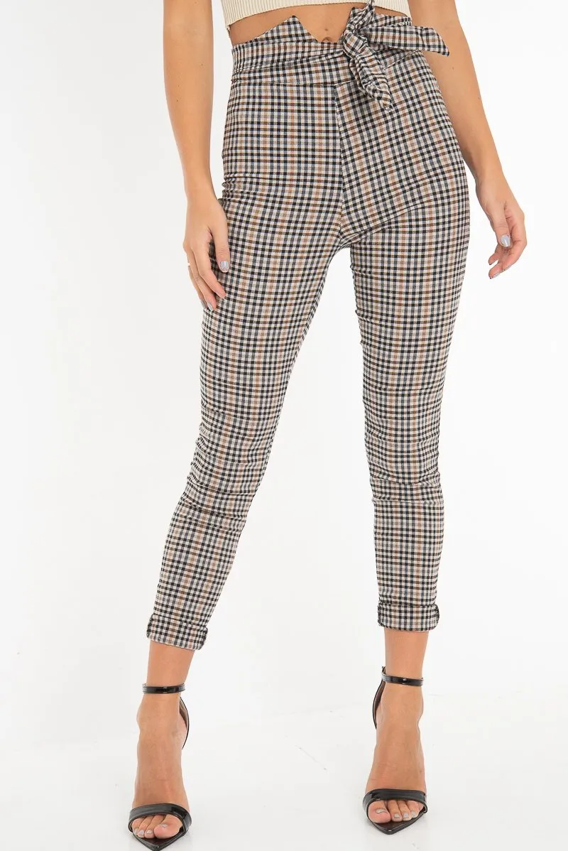 Brown Checked High Waist Tapered Tie Belt Trousers - Airis