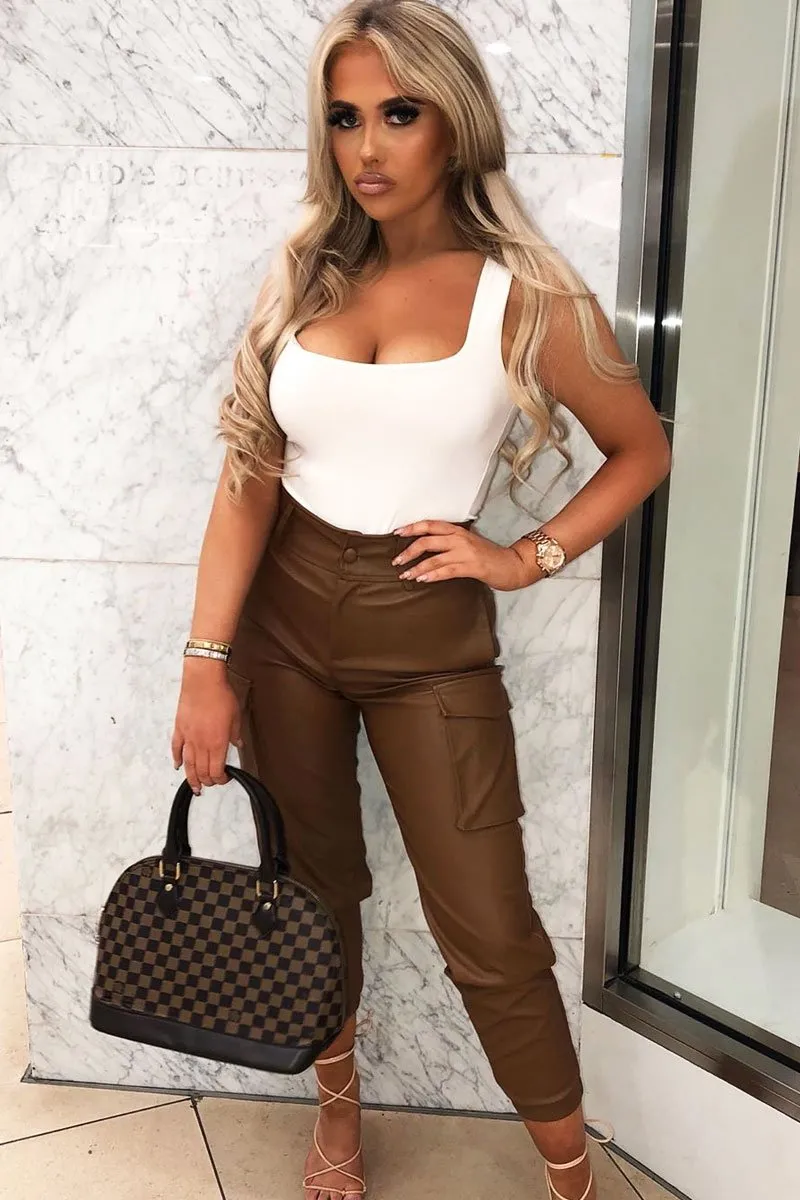 Brown Faux Leather Utility Cuff Bottom Trousers - Dayna