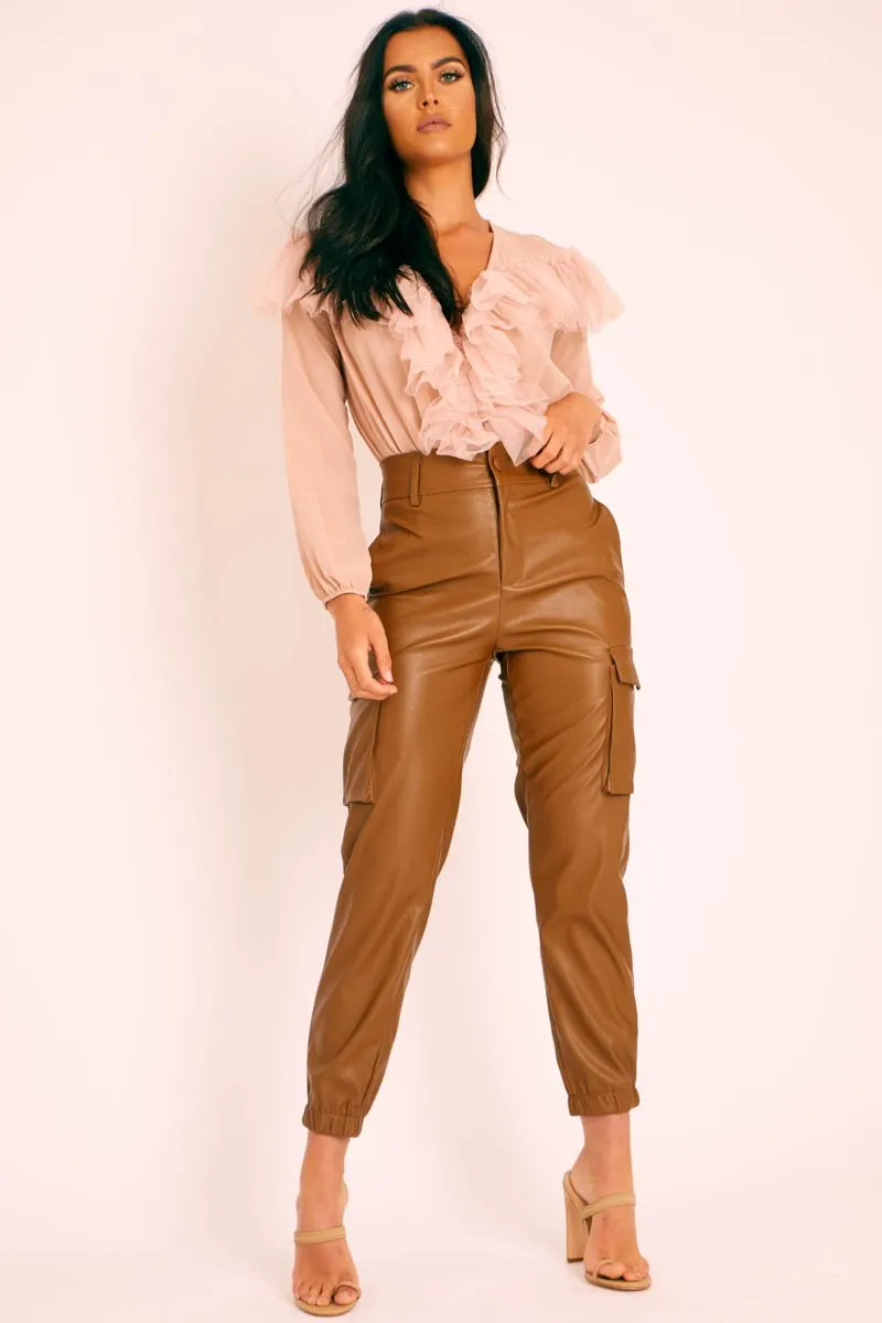 Brown Faux Leather Utility Cuff Bottom Trousers - Dayna