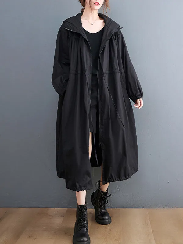 Casual Loose Solid Color Zipper Drawstring Long Sleeves Hooded Trench Coat