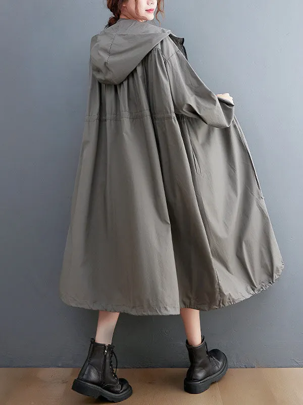 Casual Loose Solid Color Zipper Drawstring Long Sleeves Hooded Trench Coat