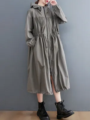 Casual Loose Solid Color Zipper Drawstring Long Sleeves Hooded Trench Coat