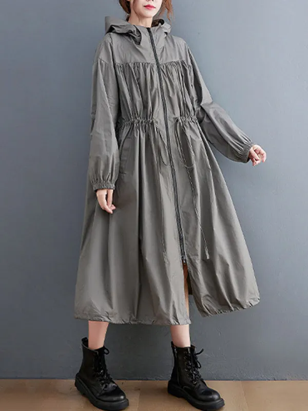 Casual Loose Solid Color Zipper Drawstring Long Sleeves Hooded Trench Coat