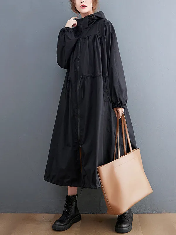 Casual Loose Solid Color Zipper Drawstring Long Sleeves Hooded Trench Coat