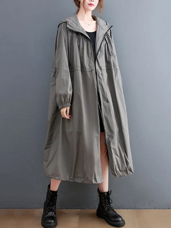 Casual Loose Solid Color Zipper Drawstring Long Sleeves Hooded Trench Coat