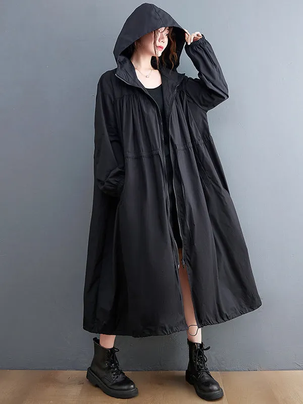 Casual Loose Solid Color Zipper Drawstring Long Sleeves Hooded Trench Coat