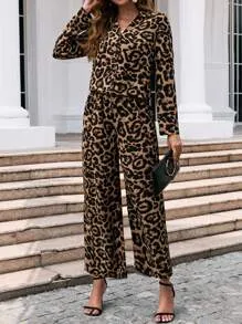 Clasi Women's Leopard Print Coat & Wide Leg Trousers Sets