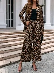 Clasi Women's Leopard Print Coat & Wide Leg Trousers Sets