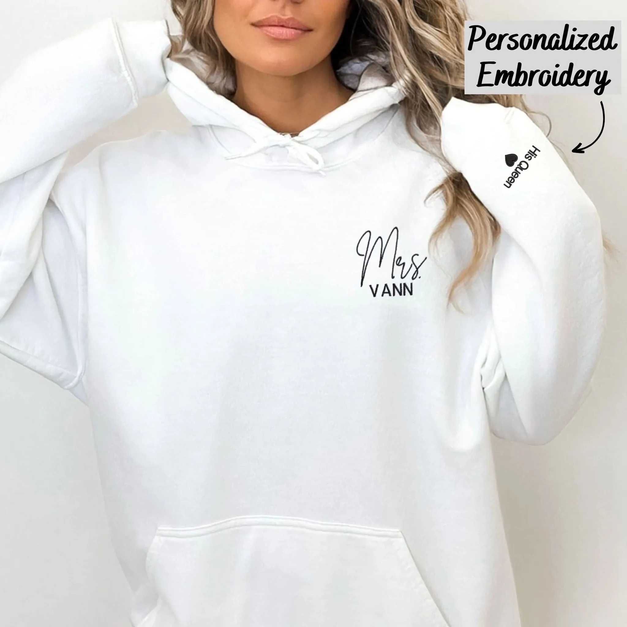 Custom Embroidered Mr and Mrs Hoodie With Icon On Sleeve, Mr And Mrs Gift Ideas