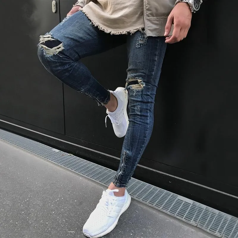 Dark Blue Skinny Ripped Ankle Zipper Jeans