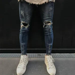 Dark Blue Skinny Ripped Ankle Zipper Jeans