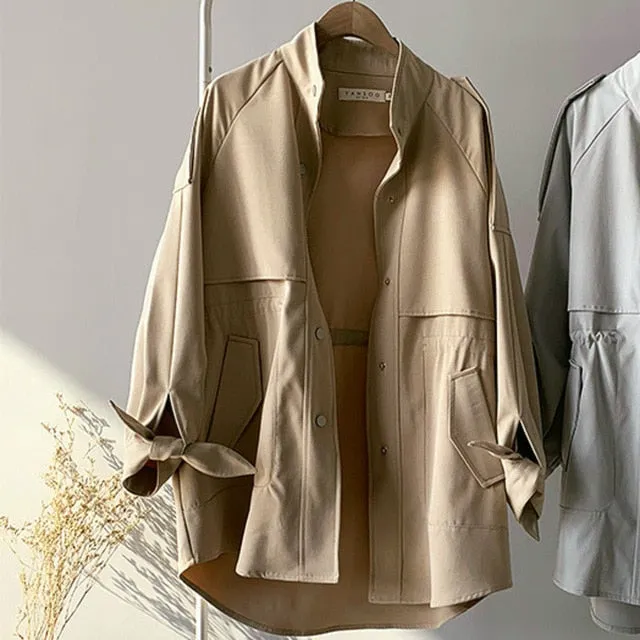 Fashion Trench Coat Female Spring Windbreaker Drawstring Summer Casual Loose Safari Clothes Stand Collar 2020 Women Short Trench