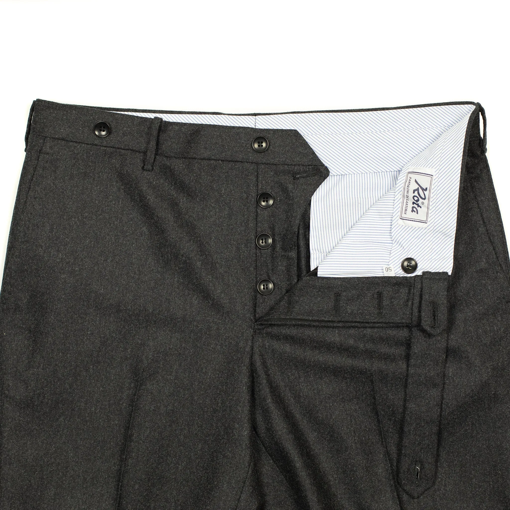 Flat-front trousers in charcoal wool flannel (restock)