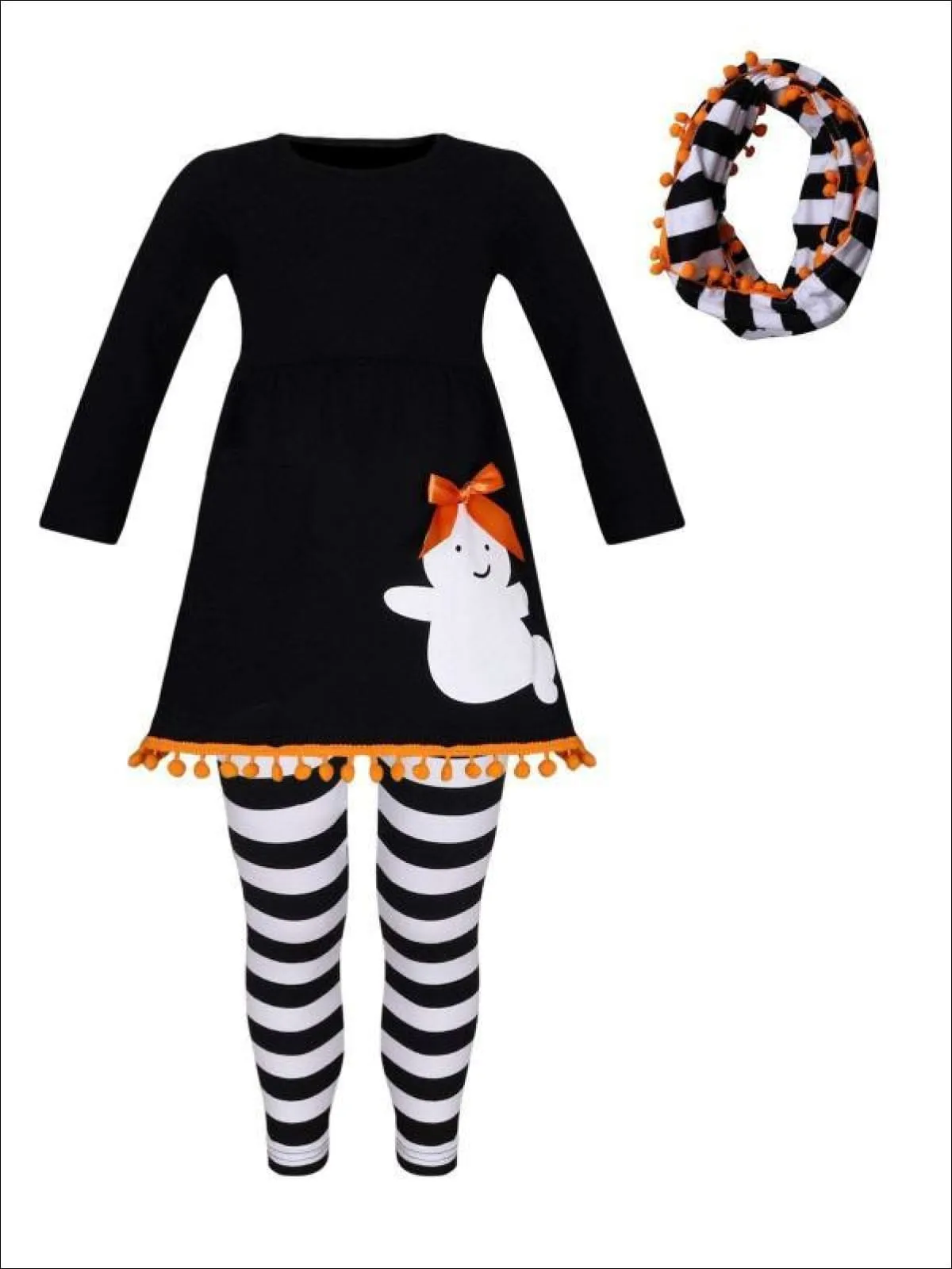 Girls Halloween Themed Ghost Long Sleeve Pom Pom Tunic, Striped Leggings And Scarf Set