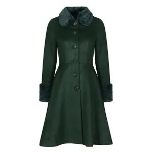 Green faux fur trim polywool flare 50s coat