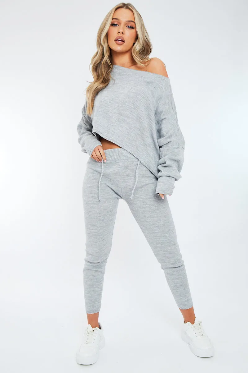 Grey Cropped Knit Sweatshirt & Leggings Set - Damara