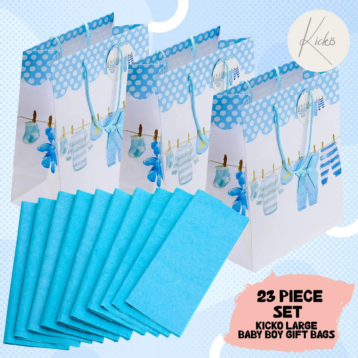 Kicko Large Blue Baby Gift Bags with Tissue Paper - 23 Pieces - 13 Inches - for Party