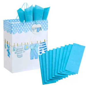 Kicko Large Blue Baby Gift Bags with Tissue Paper - 23 Pieces - 13 Inches - for Party