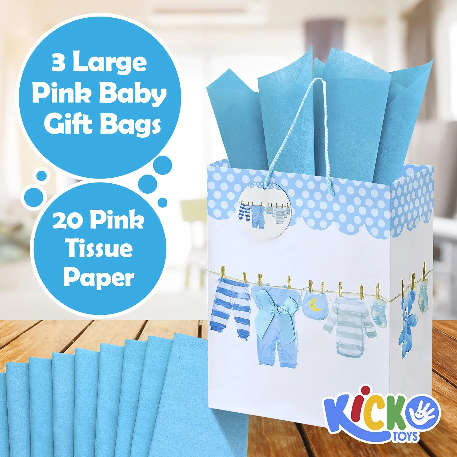 Kicko Large Blue Baby Gift Bags with Tissue Paper - 23 Pieces - 13 Inches - for Party