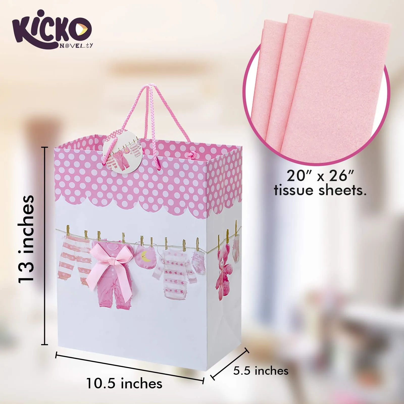 Kicko Large Pink Baby Gift Bags with Tissue Paper - 23 Pieces - 13 Inches - for Party