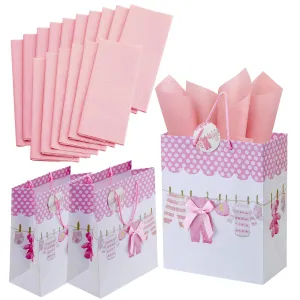 Kicko Large Pink Baby Gift Bags with Tissue Paper - 23 Pieces - 13 Inches - for Party