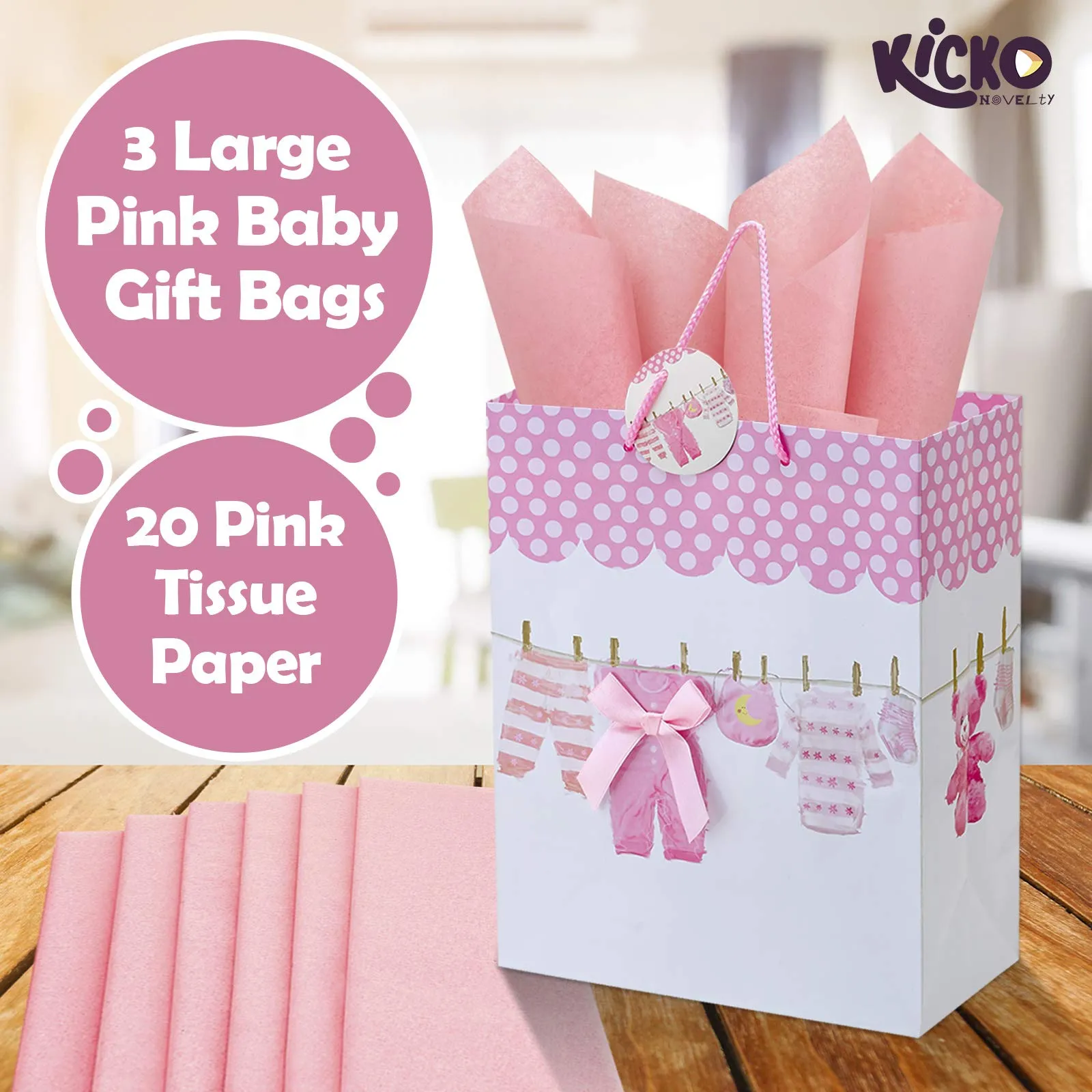 Kicko Large Pink Baby Gift Bags with Tissue Paper - 23 Pieces - 13 Inches - for Party