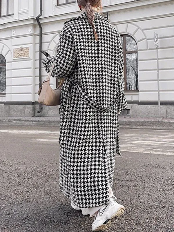 Long Sleeves Loose Houndstooth Split-Back Split-Joint Tied Waist Lapel Trench Coats