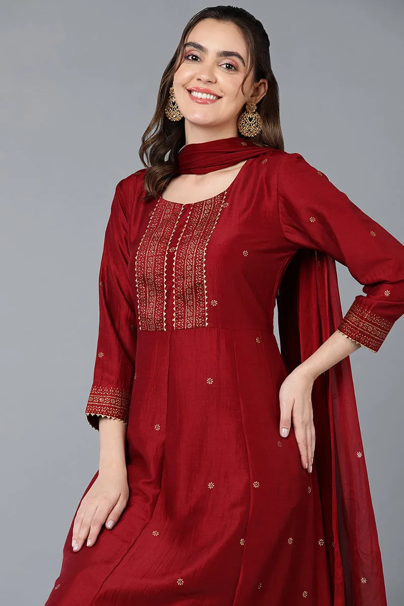 Maroon Silk Blend Rogan Work Flared Suit Set