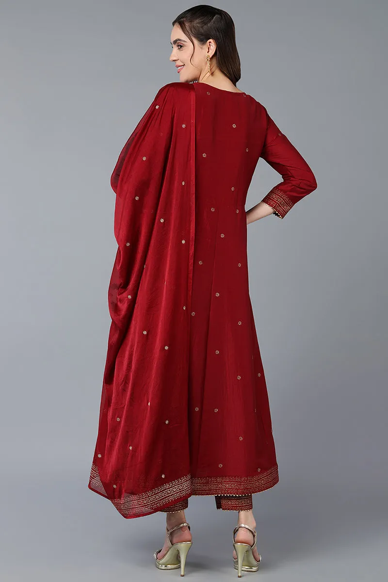 Maroon Silk Blend Rogan Work Flared Suit Set