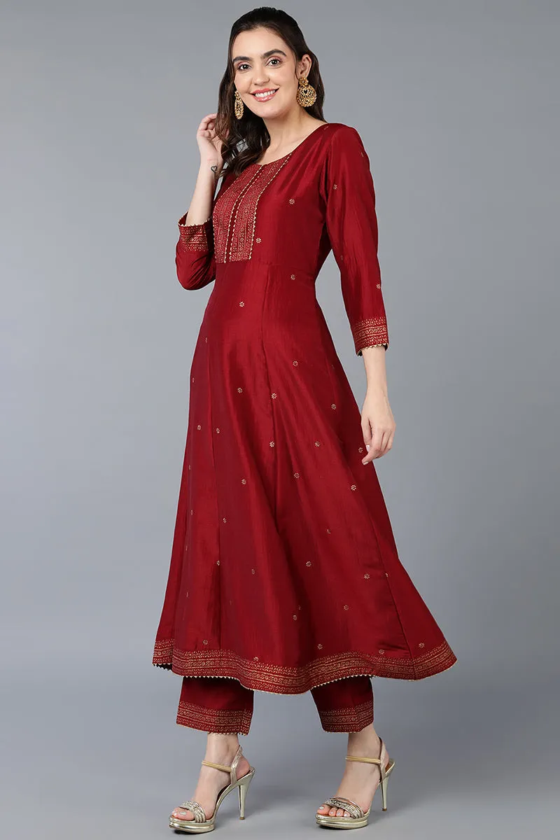 Maroon Silk Blend Rogan Work Flared Suit Set