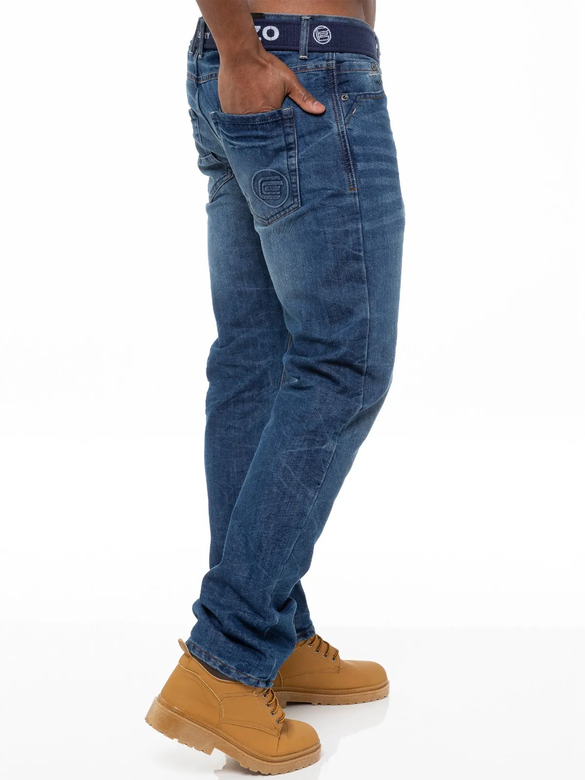 Mens Denim Straight Fit Jeans Mid Stonewash | Enzo Designer Menswear