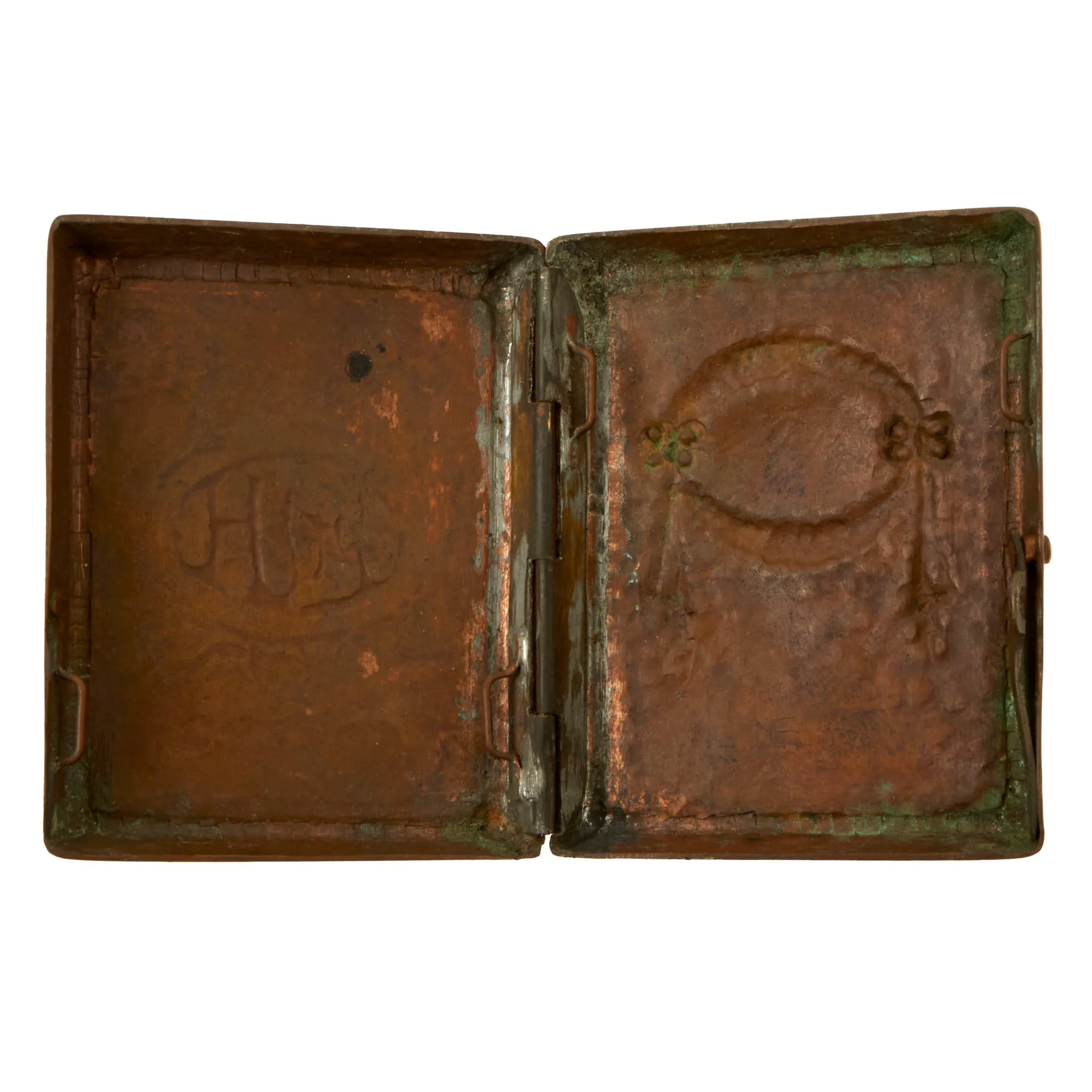 Original U.S. WWI & WWII Souvenir Trench Art Matchbox Holders & Cigarette Case - 3 Made by German Prisoners of War - 5 Total