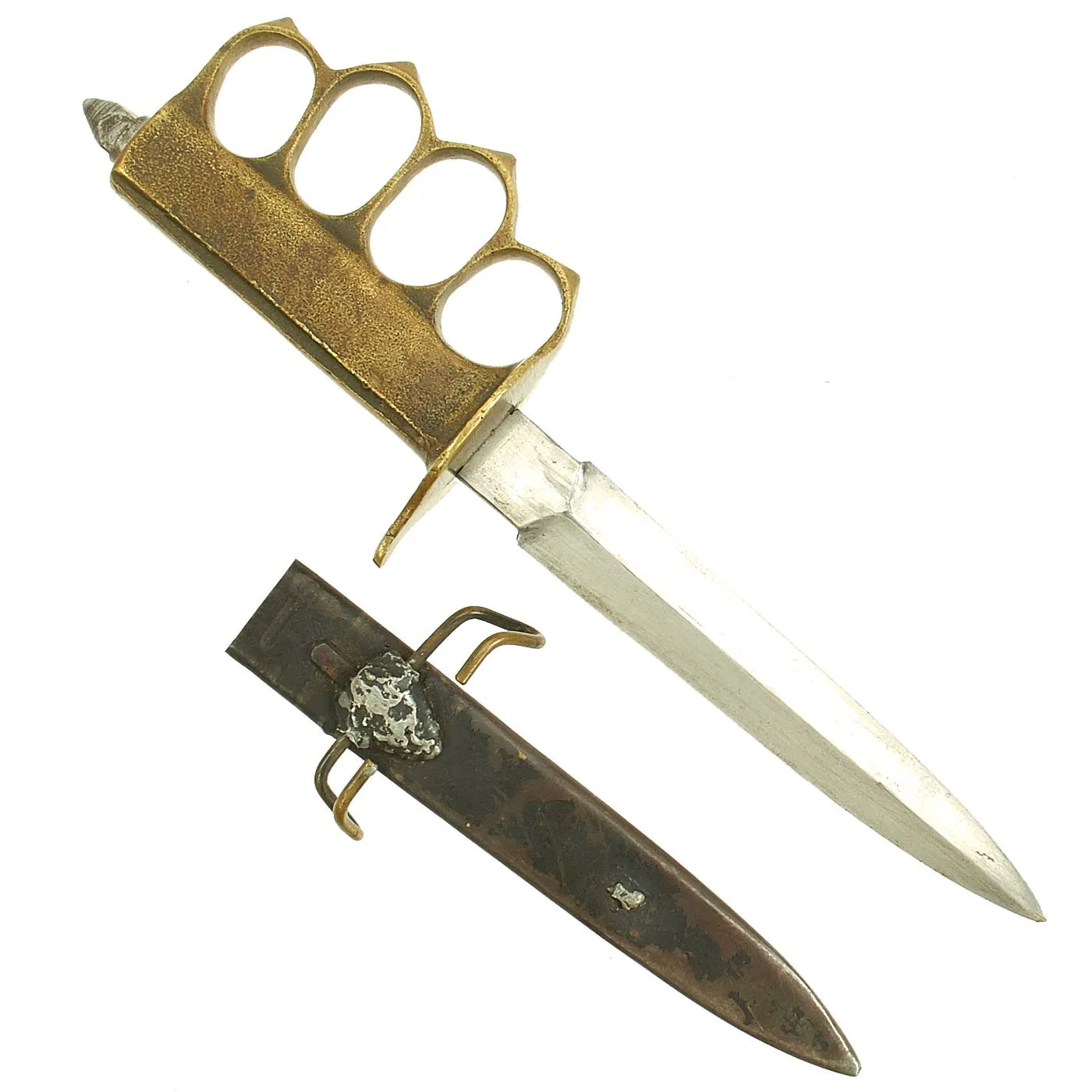 Original U.S. WWI Model 1918 Mark I Trench Knife by AU LION & Steel Scabbard with Added Belt Clip