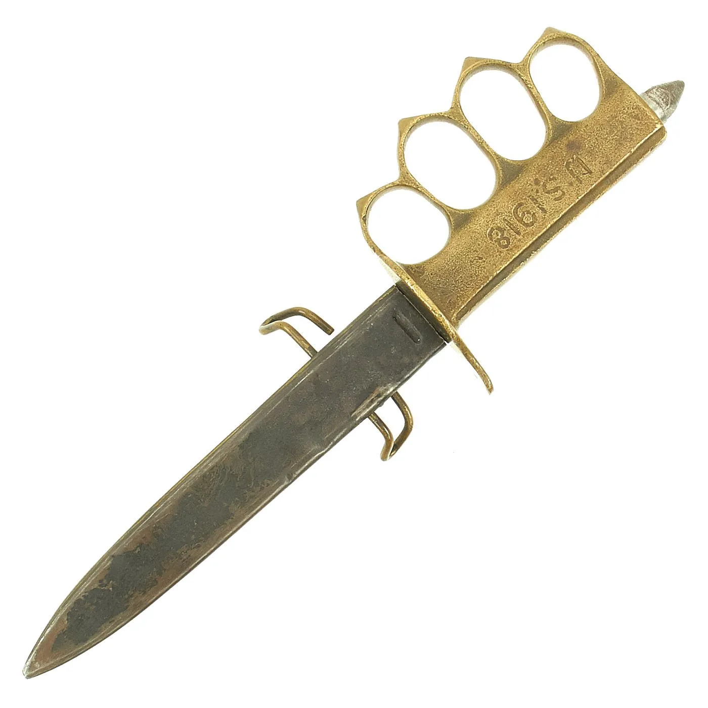 Original U.S. WWI Model 1918 Mark I Trench Knife by AU LION & Steel Scabbard with Added Belt Clip